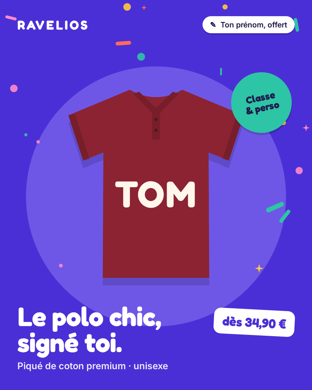 Polo Ravelios bordeaux personnalisé avec ton prénom